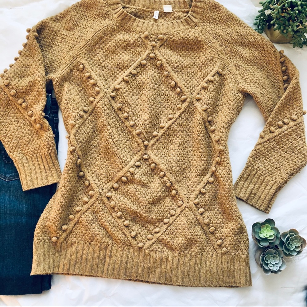 Anthropologie MOTH Pom Pom Mustard Knit Sweater L